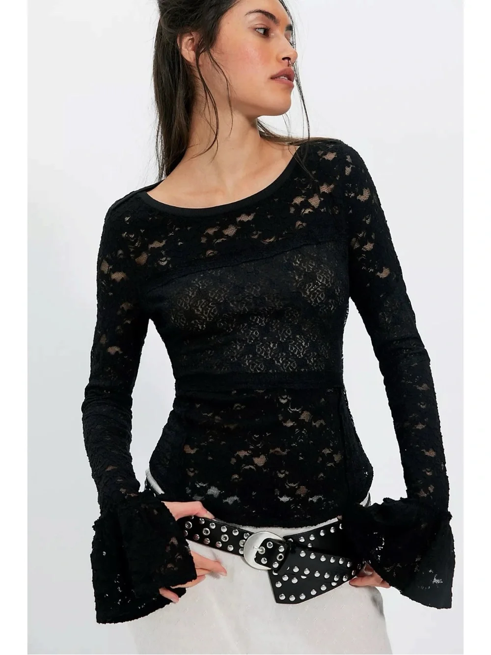 Free People Witchy Victorian Sheer Lace Flared Long Sleeve Top Black Small NWT